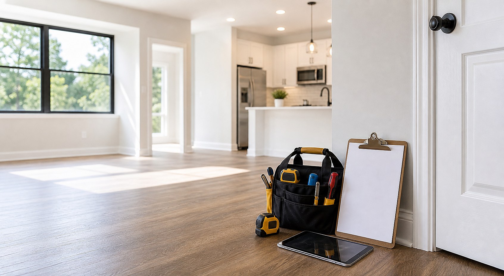 Rent-ready apartment interior with repair tools, clipboard, and tablet for property punch-list work