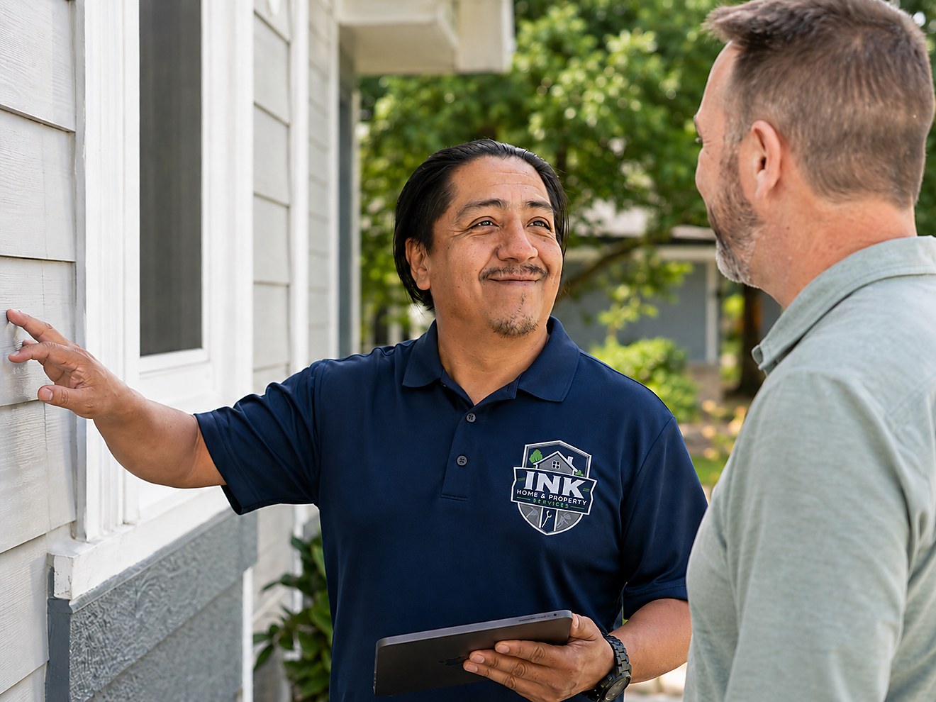 INK Home And Property Services owner reviewing exterior repairs with a property client