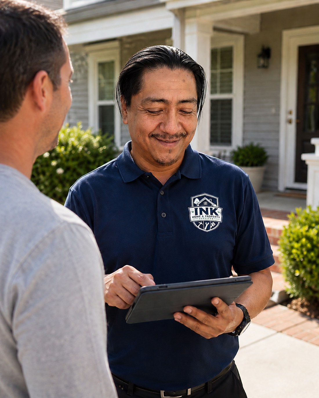 INK technician in branded uniform reviewing a job on a tablet with a property owner